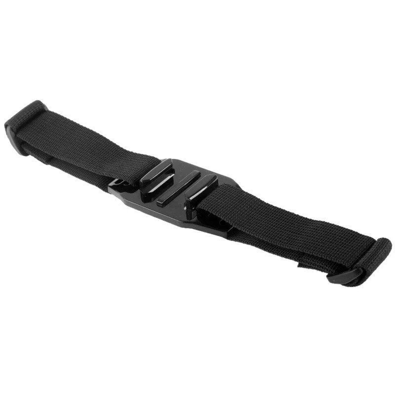 Black nylon bicycle helmet strap with fixed mount for DJI Osmo Action and GoPro camera