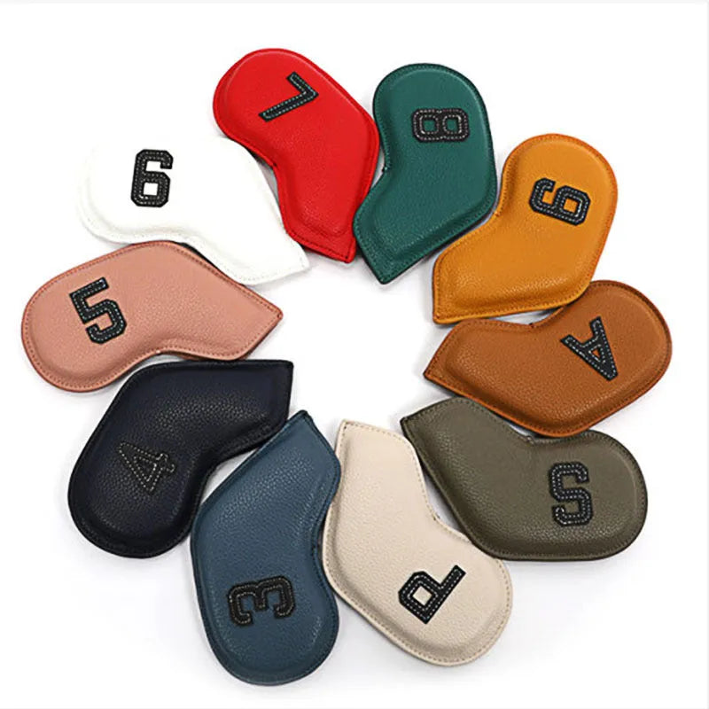 Set of 10 digitally printed PU golf club headcovers for woods and irons.