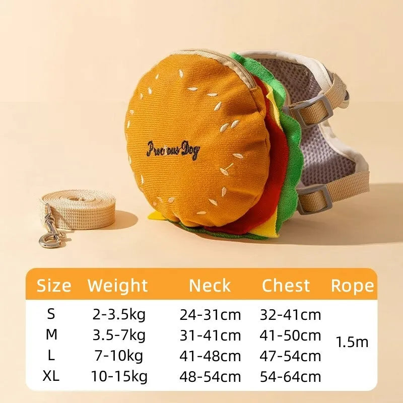 Cartoon hamburger design adjustable vest leash and harness with backpack for a dog.
