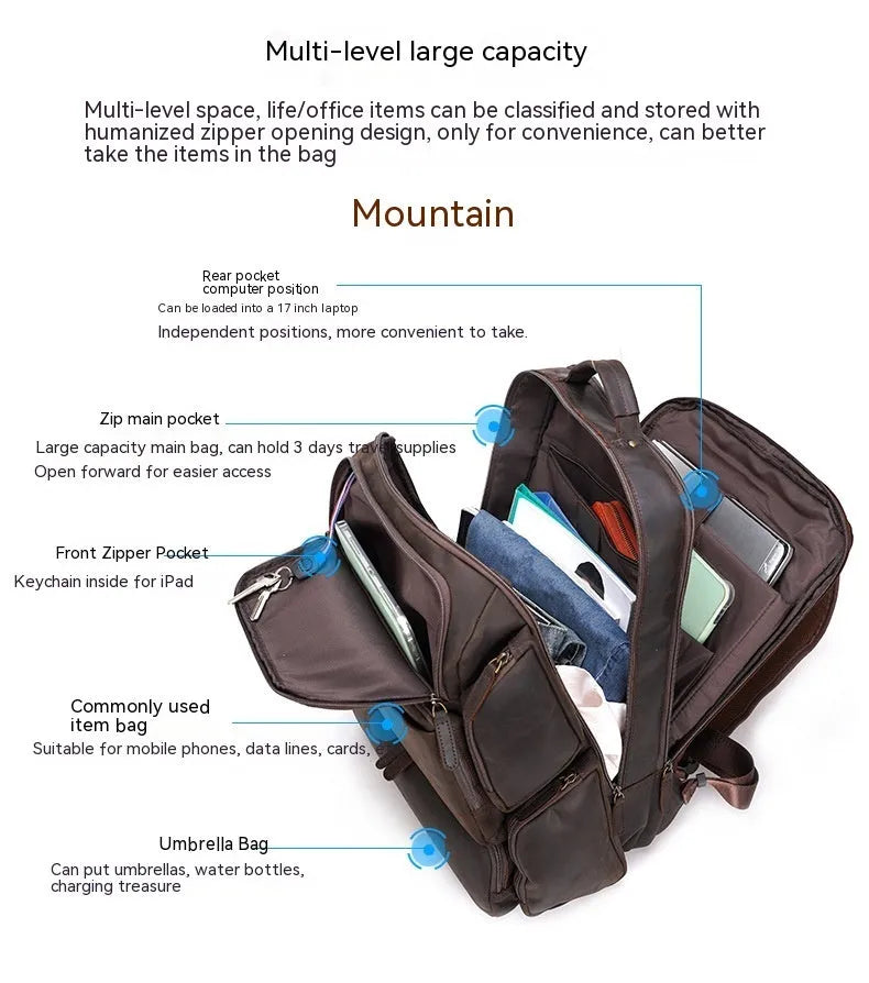Dark brown leather backpack with 17-inch laptop compartment and multiple internal pockets