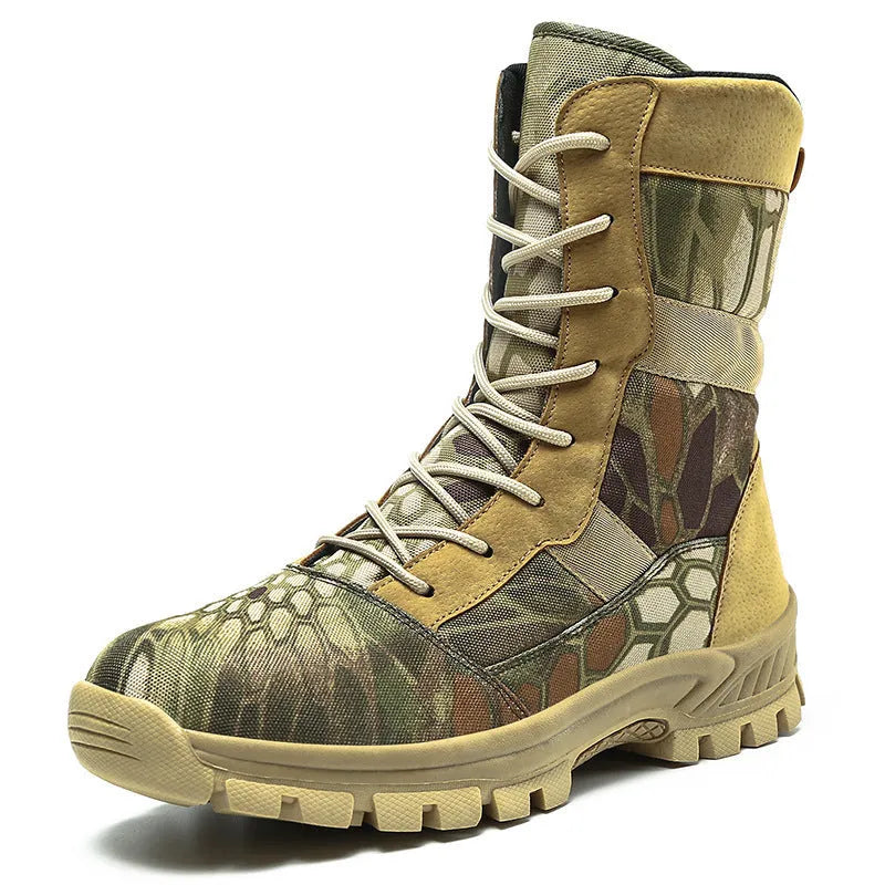Men's black and camouflage high-top mesh combat boots showing side profile and totem detail.
