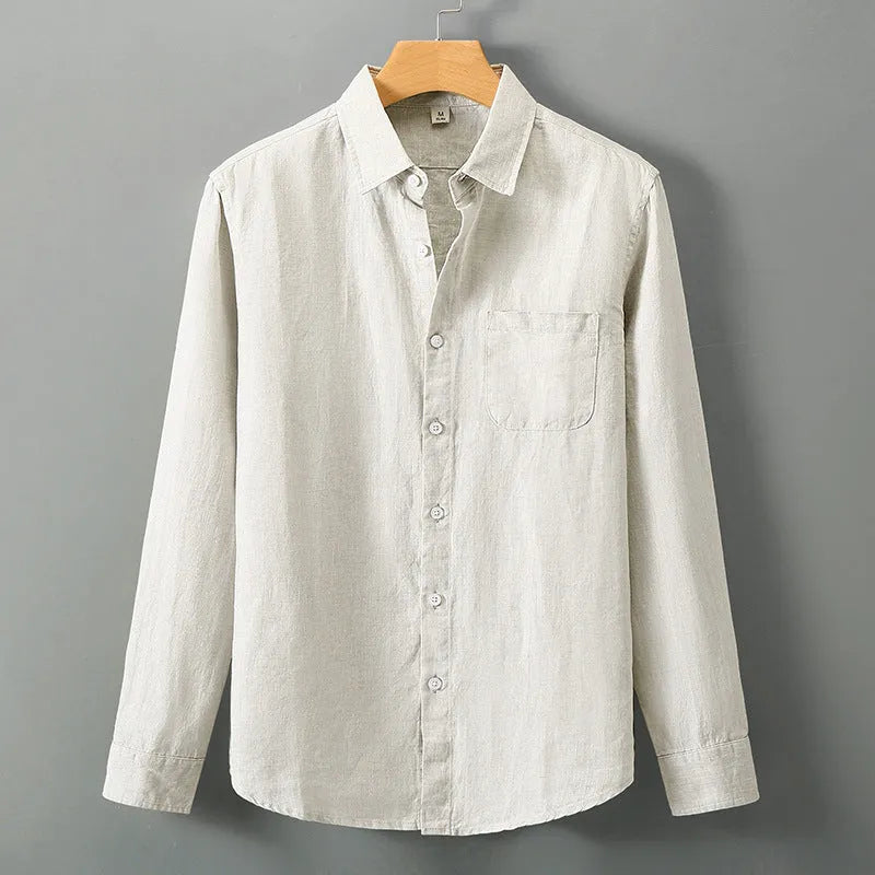 Linen long sleeve shirt in loose fit with Chinese cardigan style, shown in solid colour options.