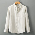 Linen long sleeve shirt in loose fit with Chinese cardigan style, shown in solid colour options.