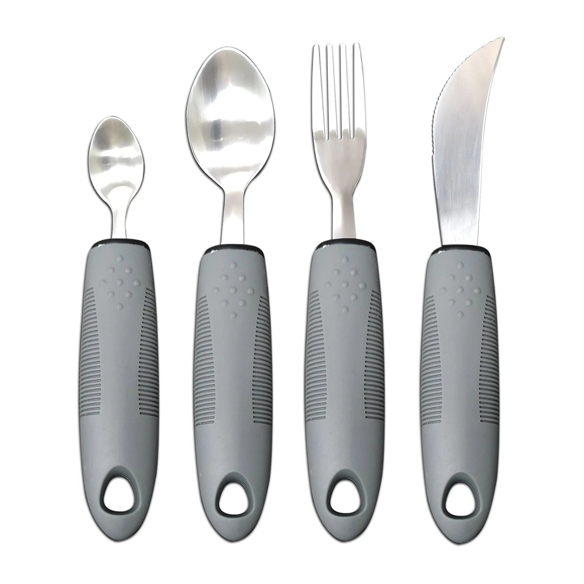 Stainless steel anti-shake cutlery set with rubber handles for adult mealtime assistance