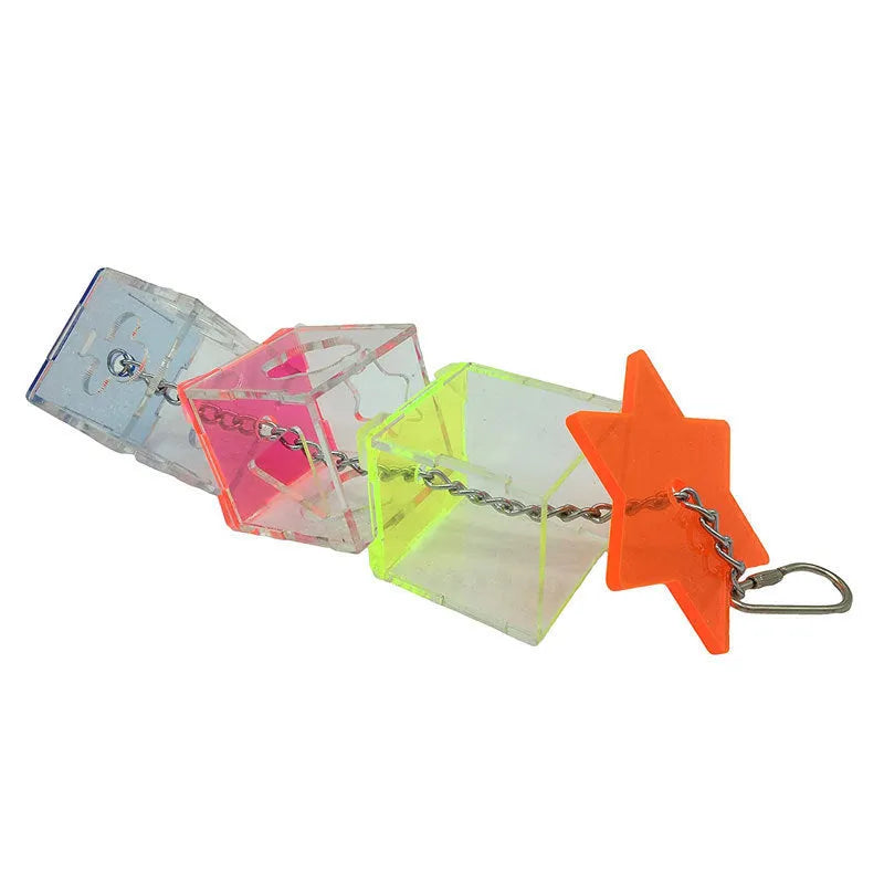 Clear acrylic bird foraging toy, 32cm long, for holding fruit and nuts.