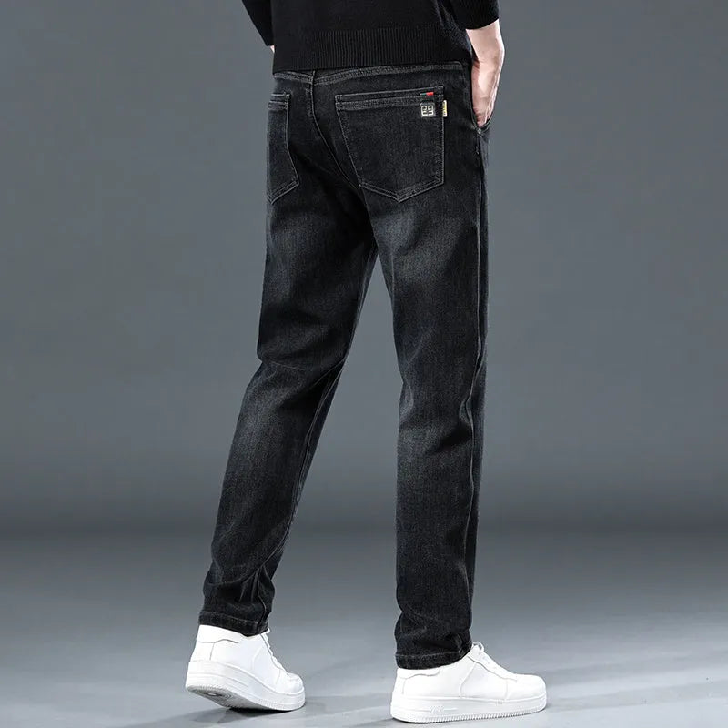 Blue grey slim straight casual trousers with mid waist and pencil pants silhouette for street fashion