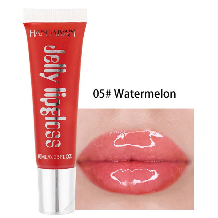 Jelly glass moisturising lip gloss tube in Pearl White shade with carton packaging and 12 colour options