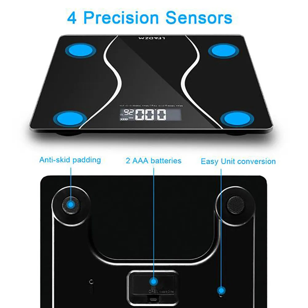 Black electronic household body scale with tempered glass platform and digital display