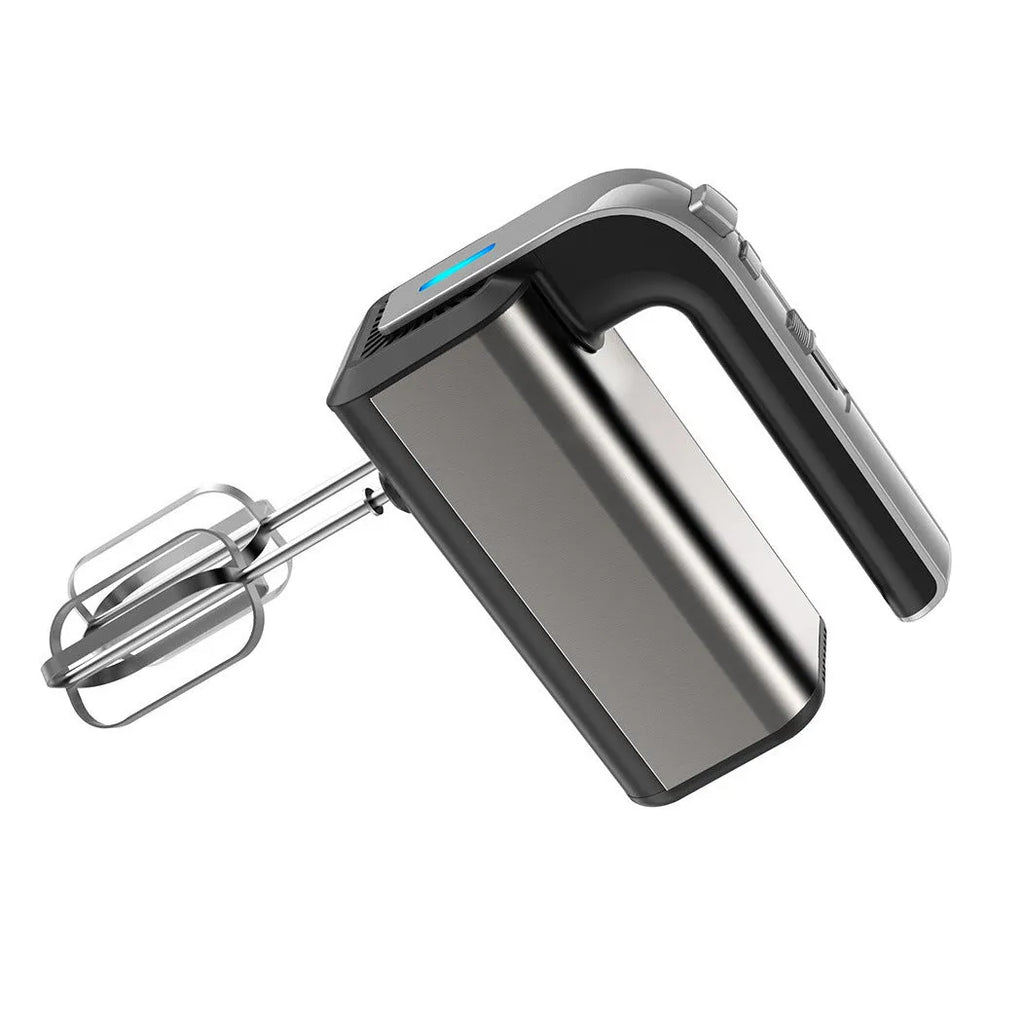 Silver handheld electric kitchen whisk with stainless steel beaters and five-speed control