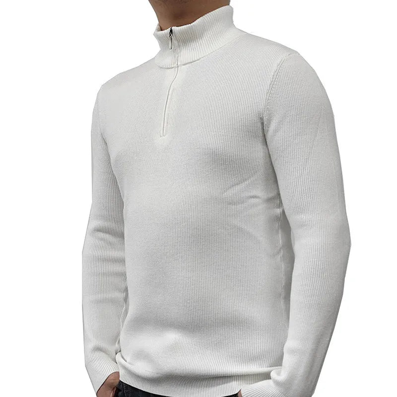 Men's grey half-turtleneck zipper sweater with British style pullover design