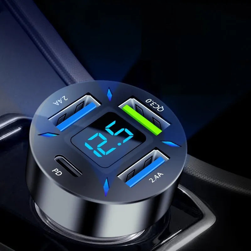 Four-port USB car charger with LED digital display showing compact black design