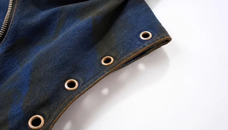 Blue deconstructed Korean-style hooded denim vest and matching trousers laid flat.