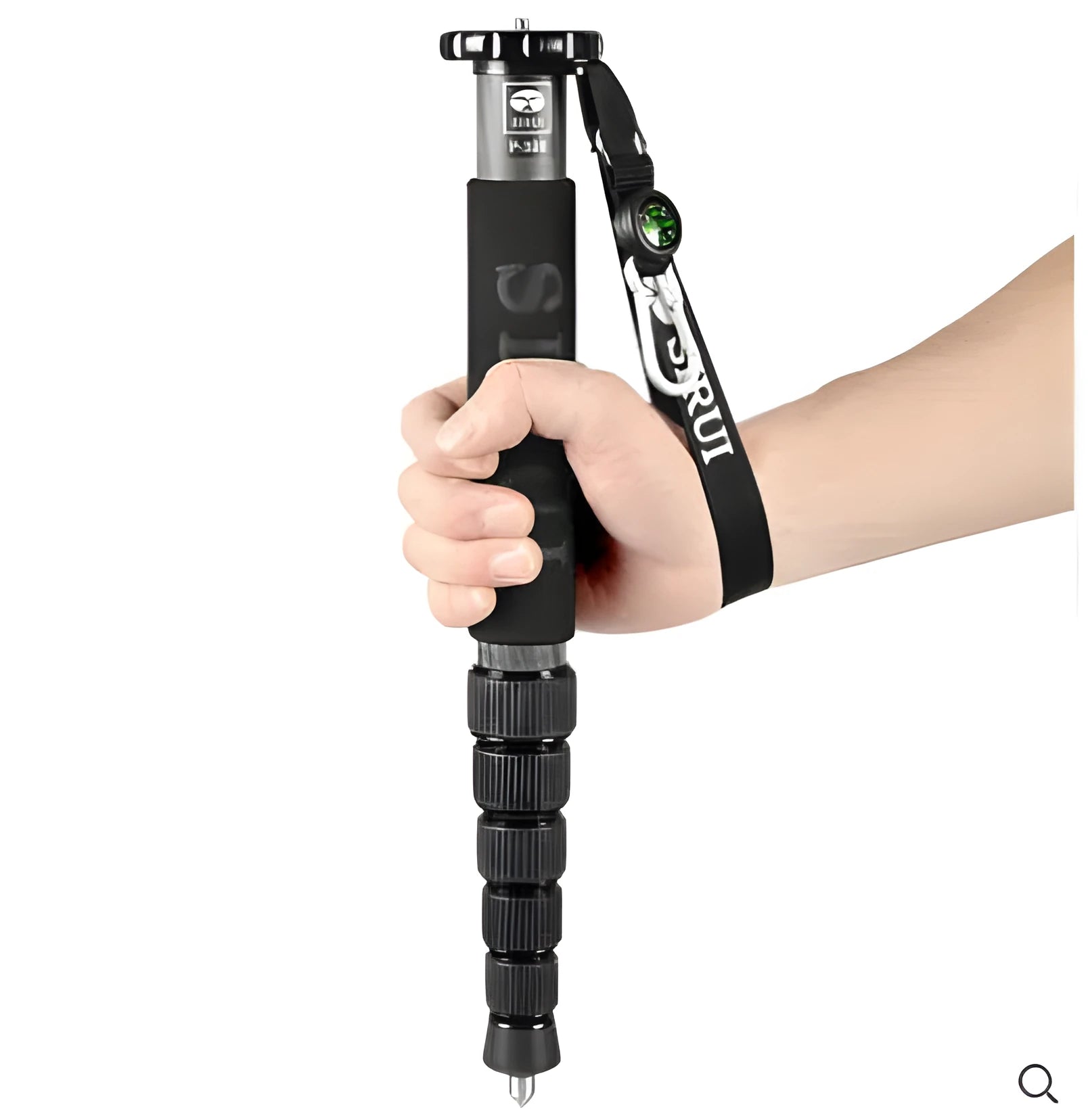 Black carbon fibre SLR camera monopod with six sections extended to maximum 1540mm height