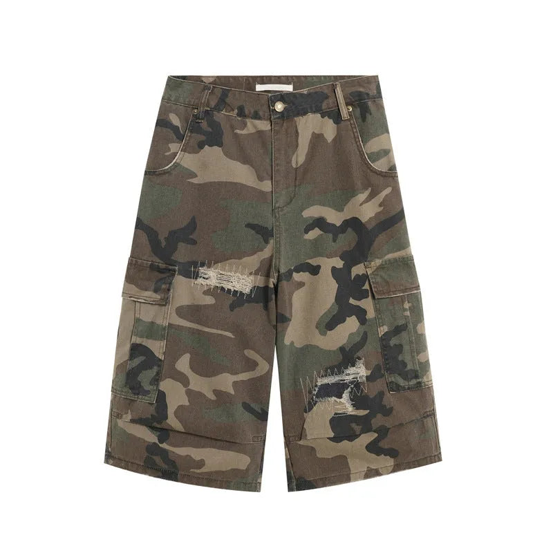 Men's camouflage cropped jeans with retro patches and ripped distressing in straight-leg cut