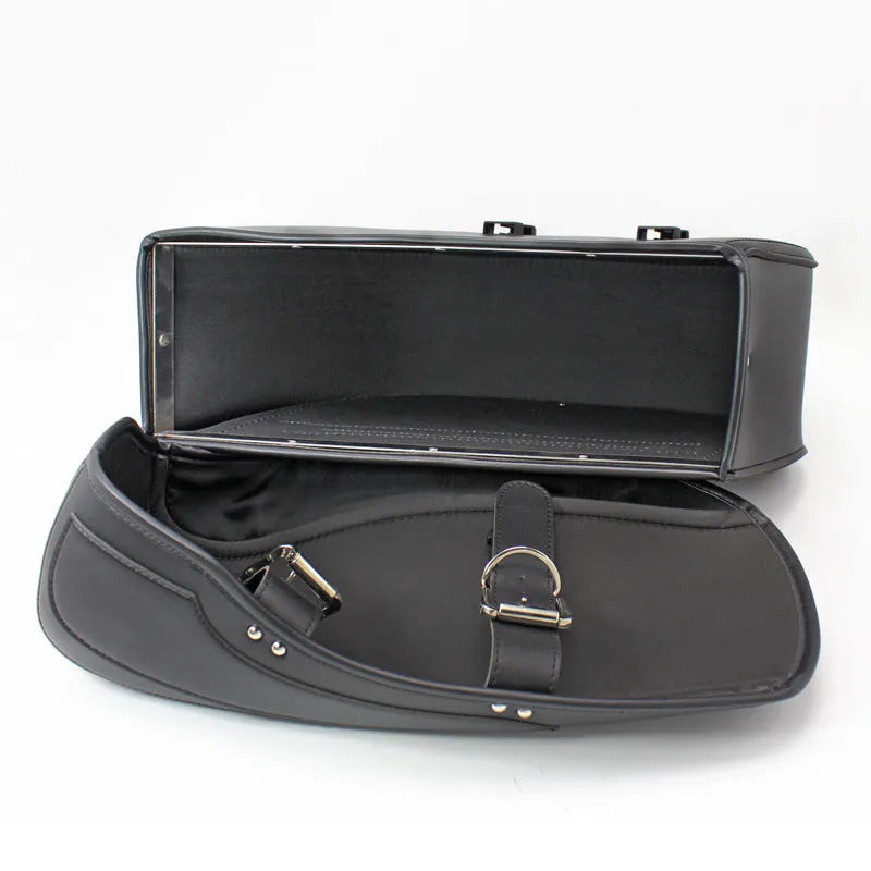 Black retro style motorcycle saddle bag made of PU leather mounted as a side box.