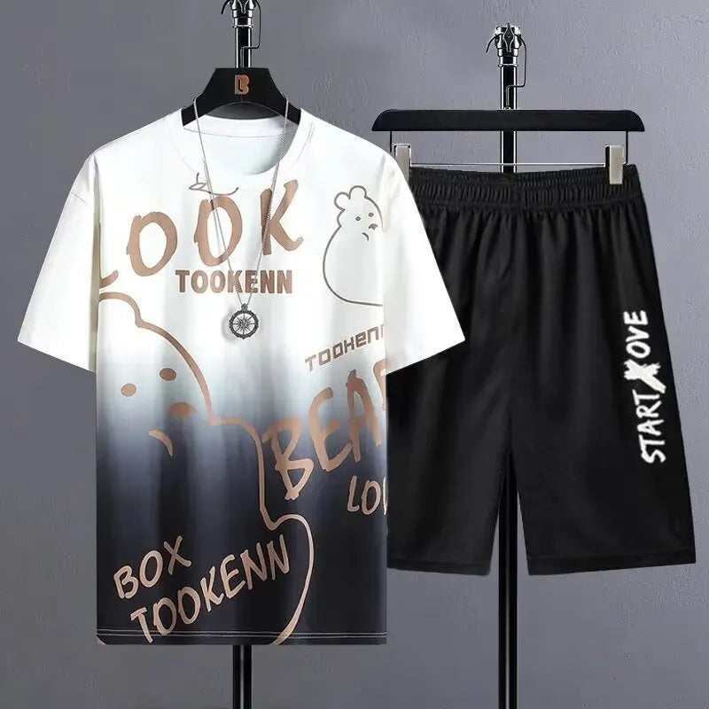 Men's light grey summer suit comprising a short sleeve t-shirt and matching shorts on a hanger