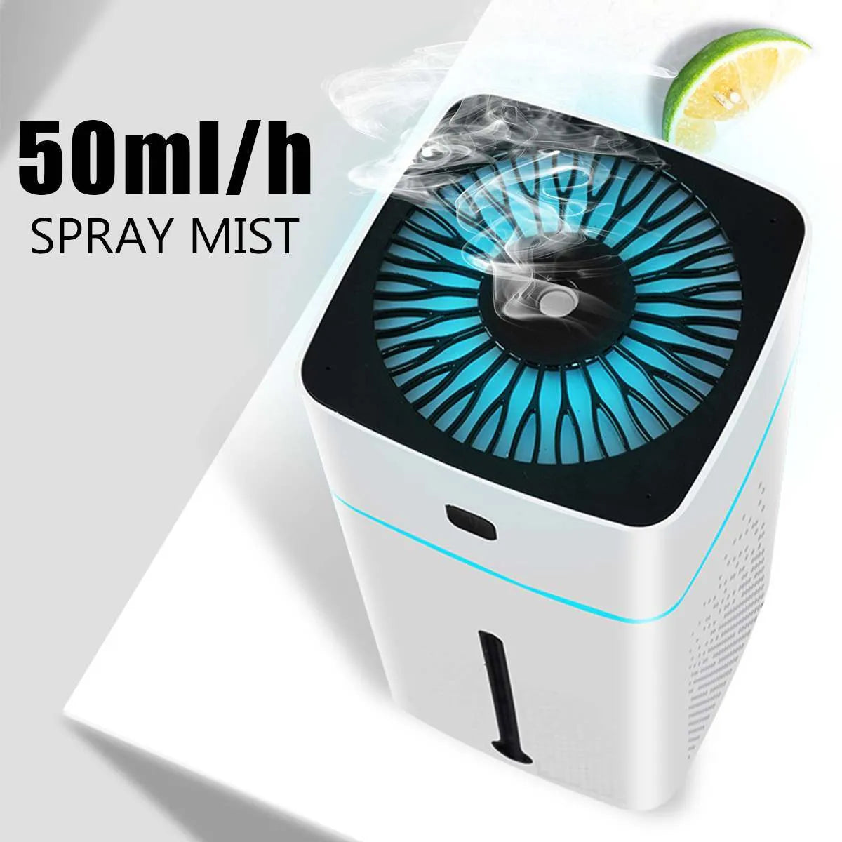 Black or white USB-powered desktop humidifier measuring 103x103x218mm with 1000ml capacity