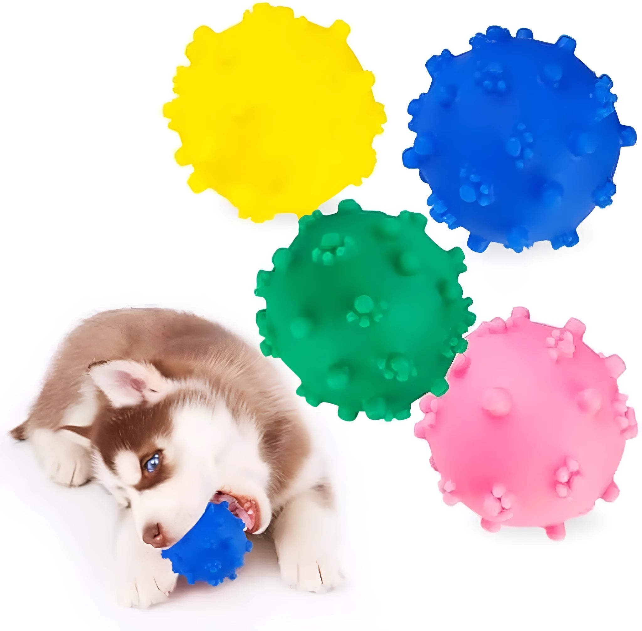 Bright blue, green, pink, and yellow spiked dog balls with paw print dimples on a white background.
