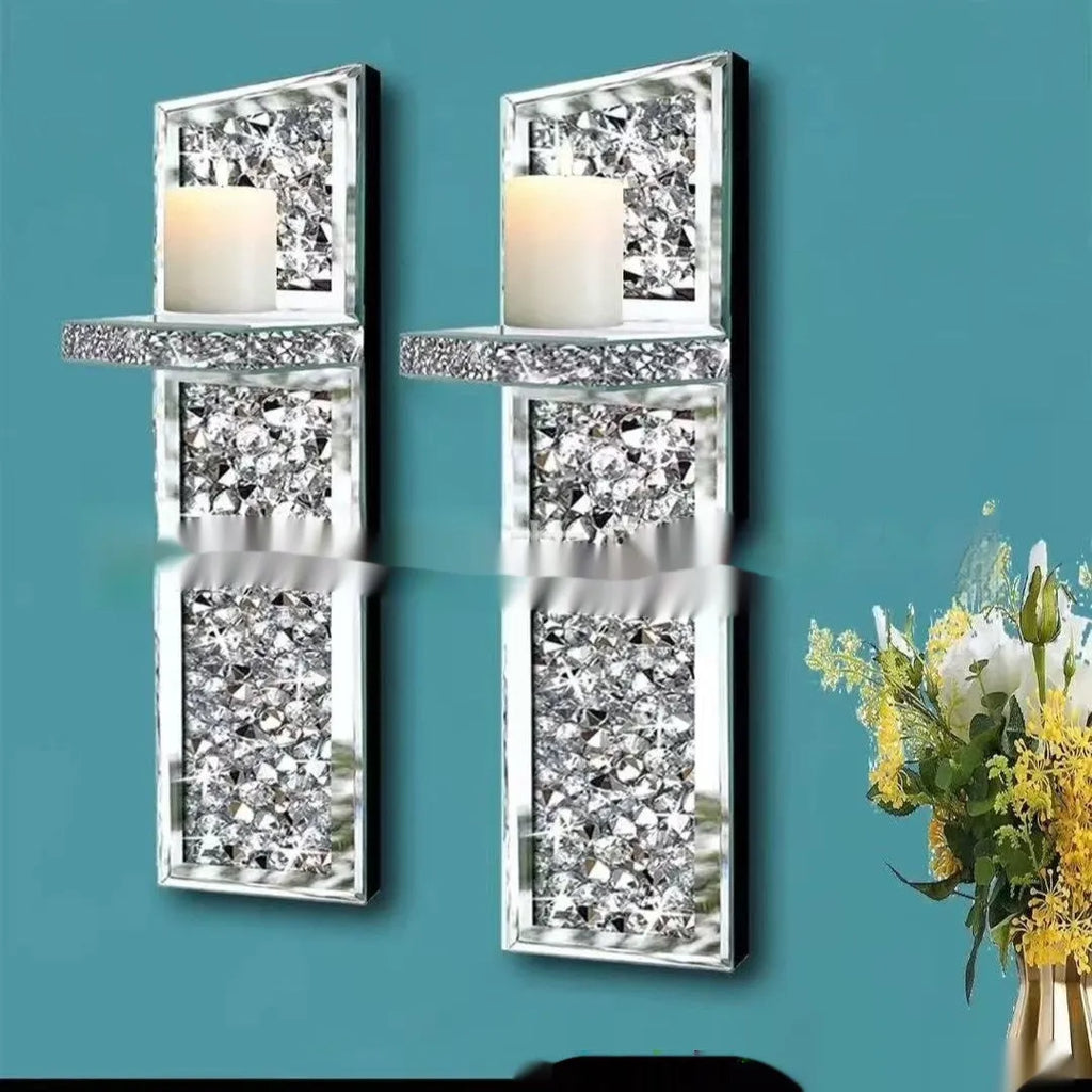 Pair of silver crystal glass wall mounted candle holders in modern minimalist style