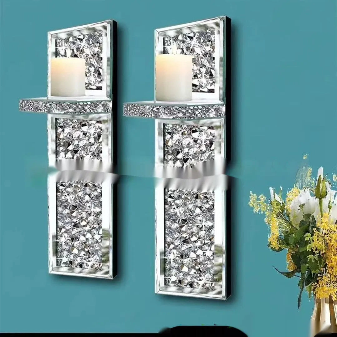 Pair of silver crystal glass wall mounted candle holders in modern minimalist style