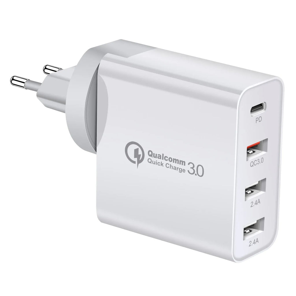 Four-port USB-C PD wall charger with international plug adapters in black or white