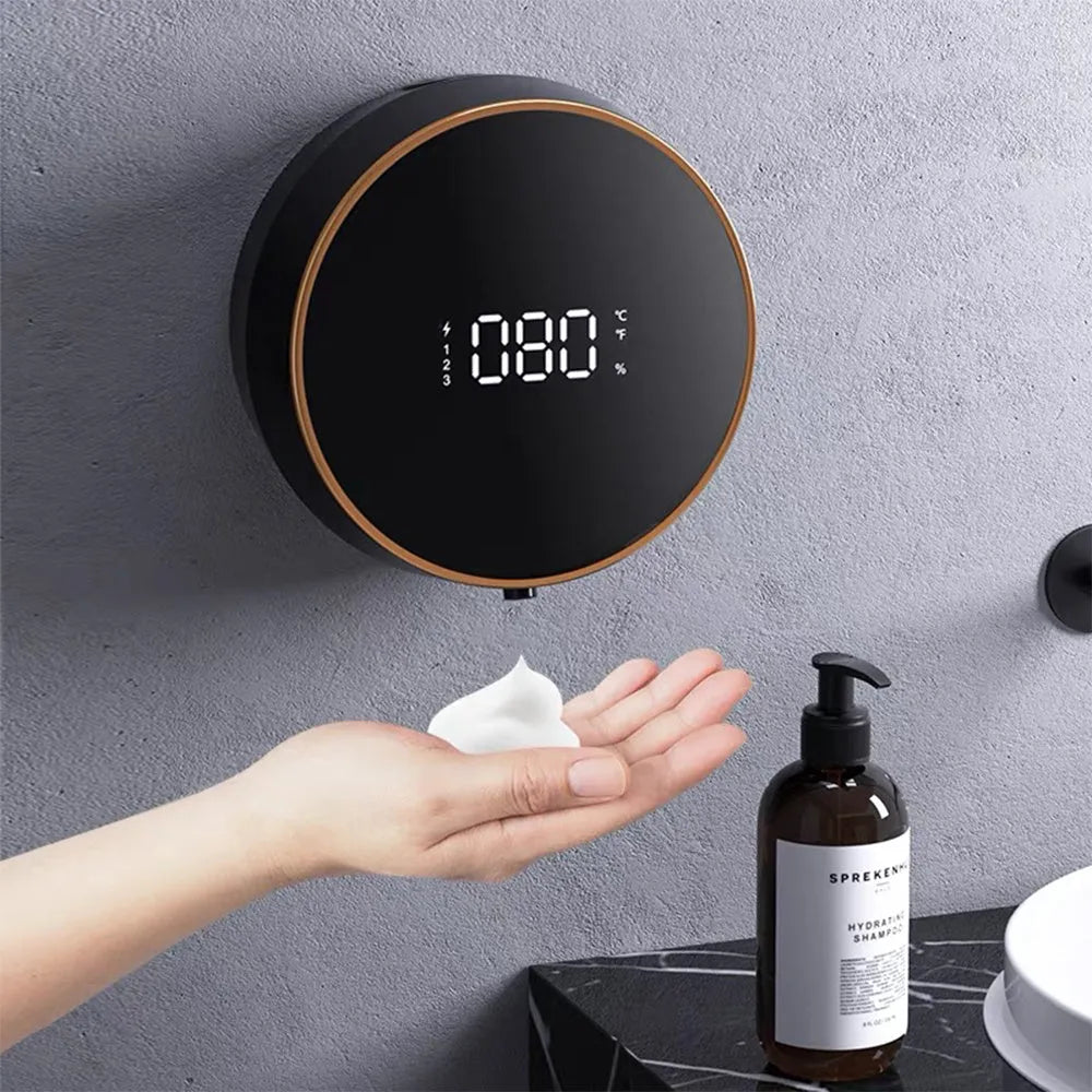Smart automatic foam dispenser with USB charging port mounted on bathroom wall
