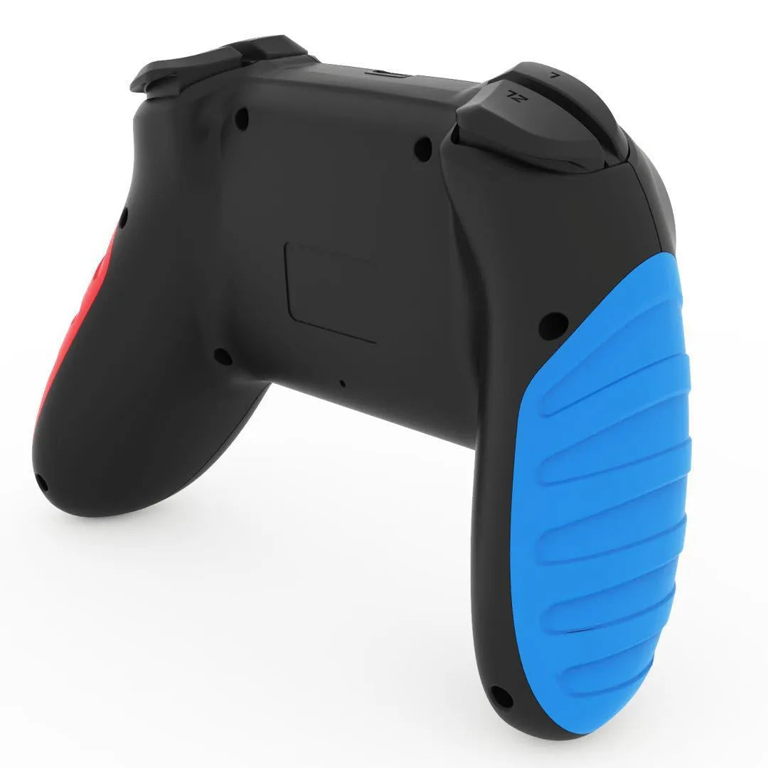 Red and blue wireless Bluetooth game controller for Nintendo Switch and PC on a stand.