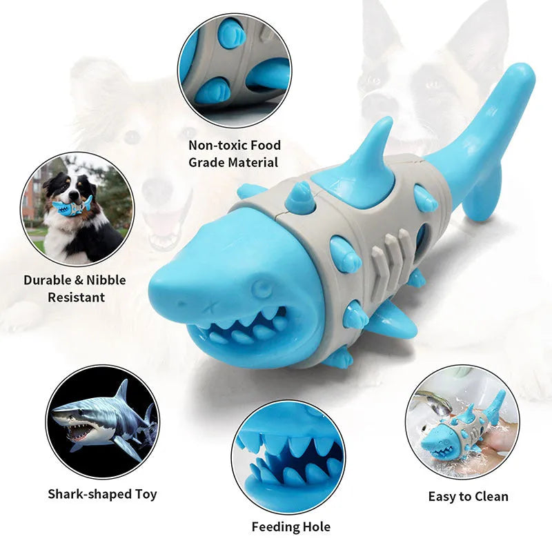 Blue, grey, and yellow dog chew toy with shark-tooth texture design.
