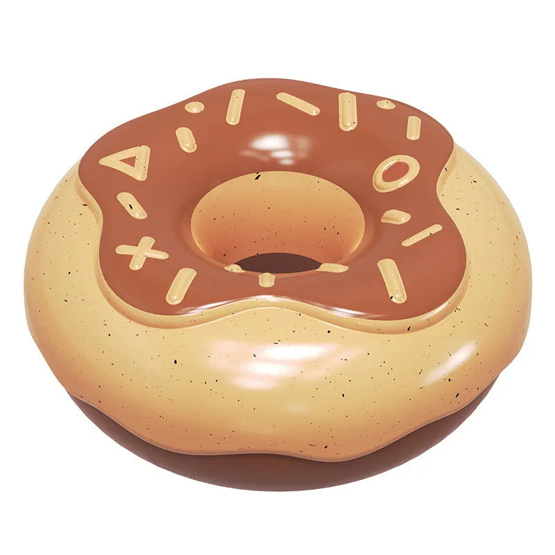 Pink, yellow, and chocolate TPR donut-shaped dog chew toy with sound for molar cleaning.