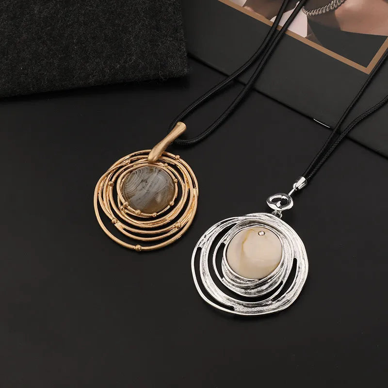 Women's gold geometric plaid alloy pendant necklace on snakeskin wax rope chain with adjustable 51-80cm length
