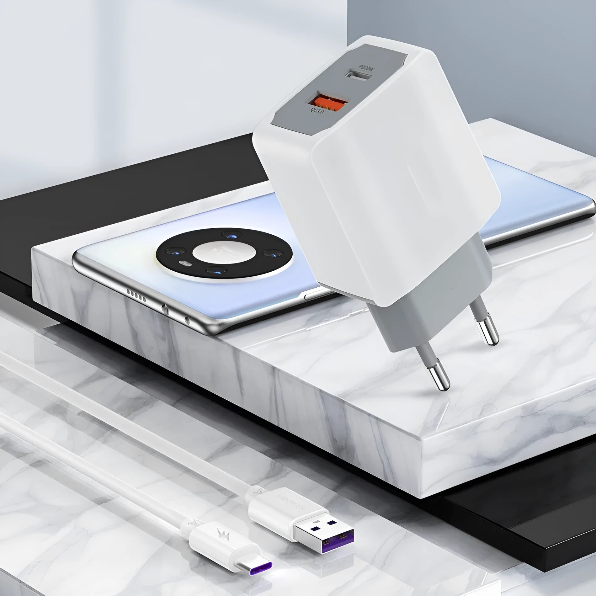 White European standard fast charge charger set with USB interface and fireproof ABS PC construction