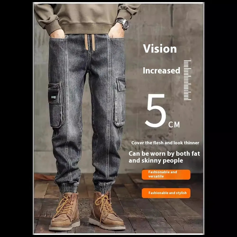 Men’s retro ankle-tied denim jeans in retro colour, mid-waist skinny fit with elastic waist