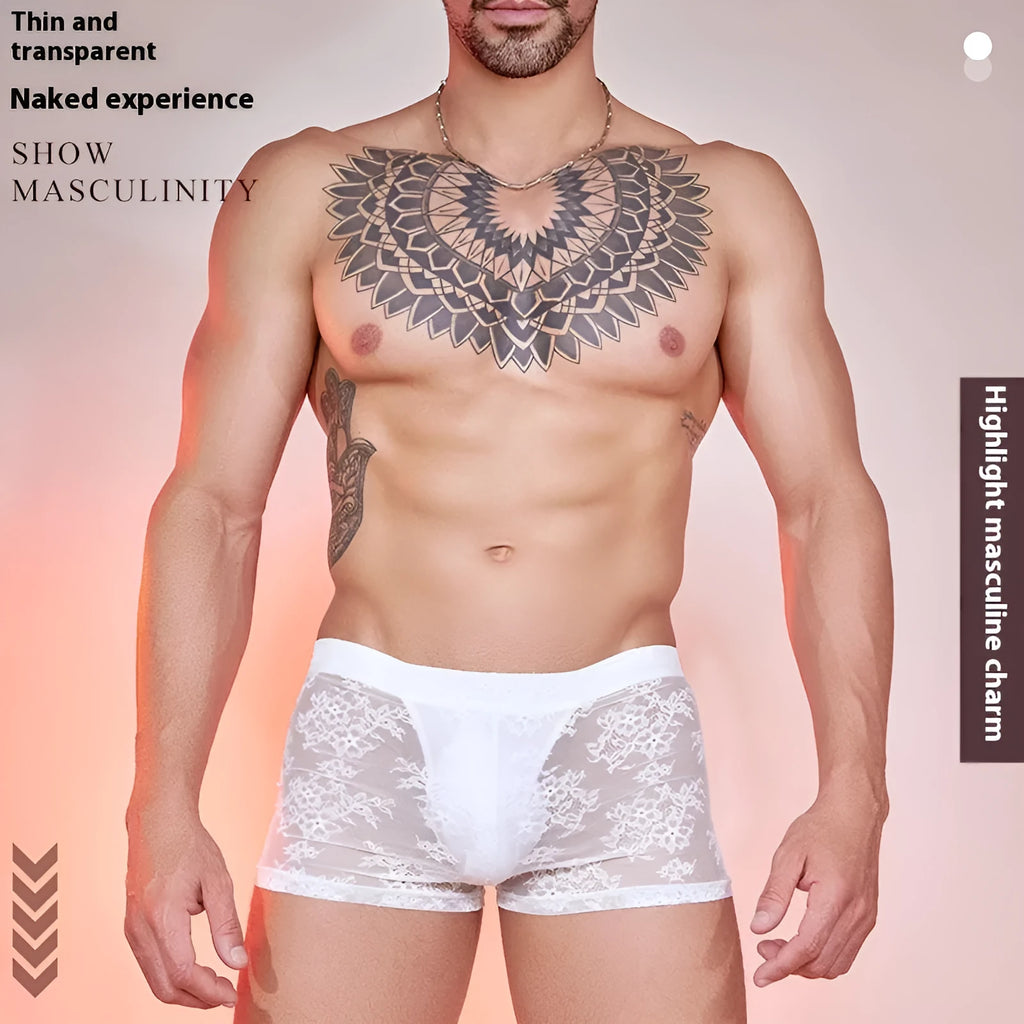 Men's black lace boxers made from nylon fabric, free size.