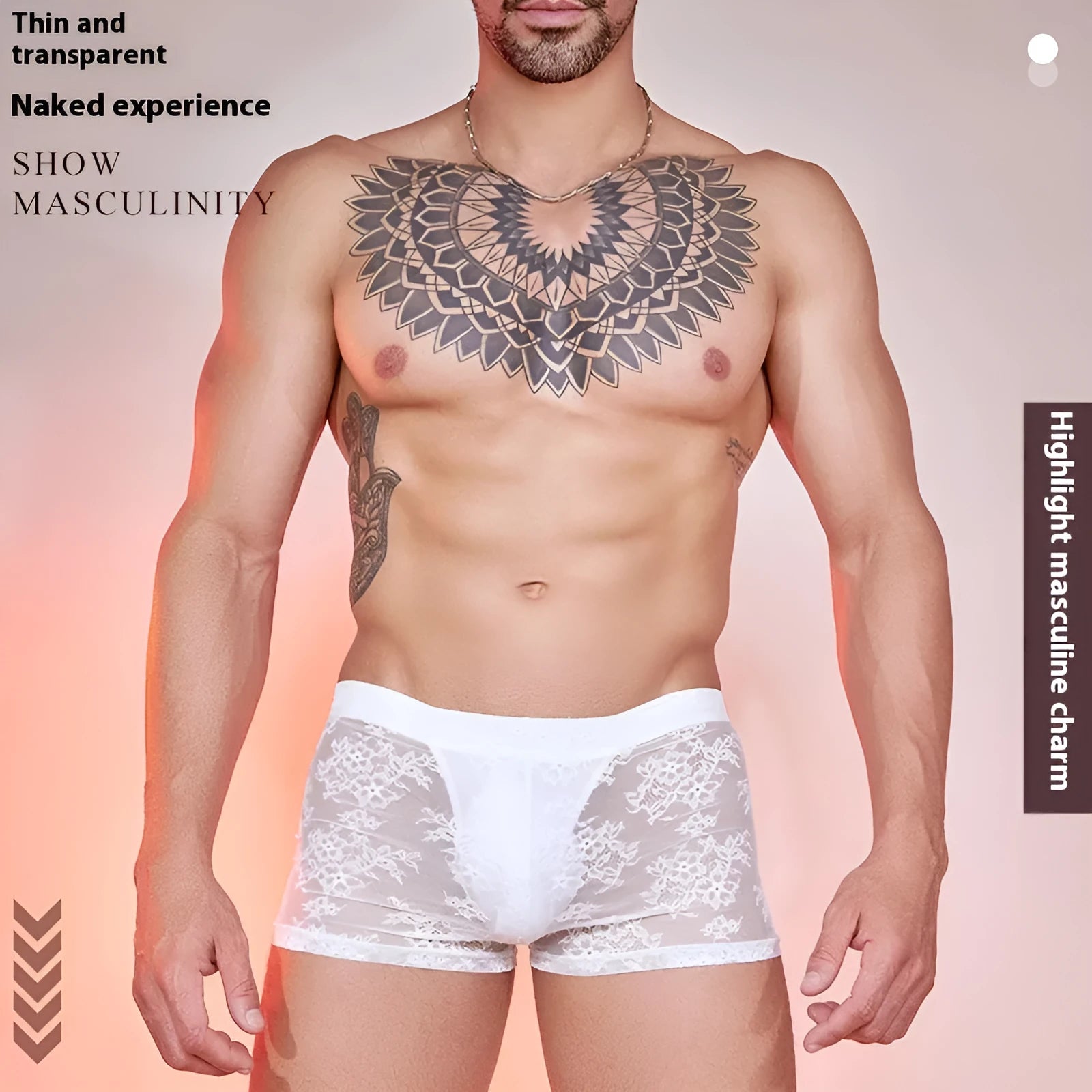 Men's black lace boxers made from nylon fabric, free size.