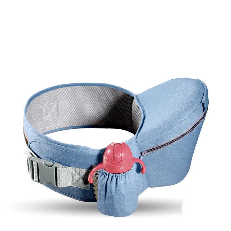 Baby carrier waist stool walker in blue with padded waist belt and hipseat, front zipper bag and side mesh bag visible