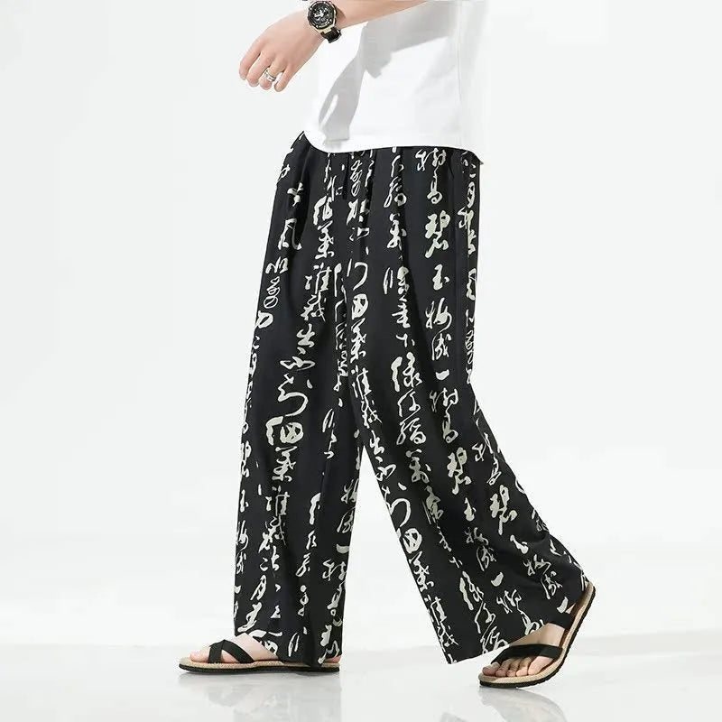 Men's Chinese style printed straight-leg trousers in black bamboo fibre and ice silk fabric