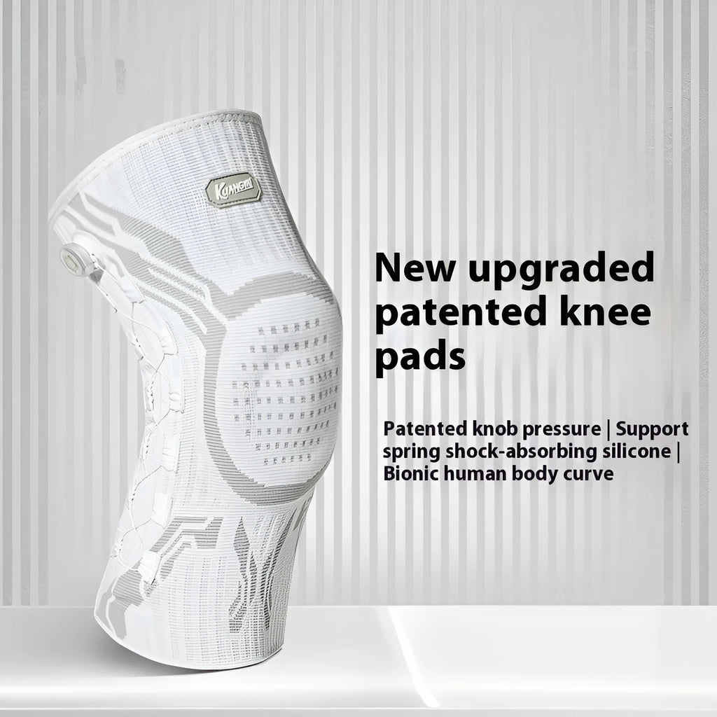 Grey and white adult sports knee pad for left or right foot, shown in sizes M, L, or XL.