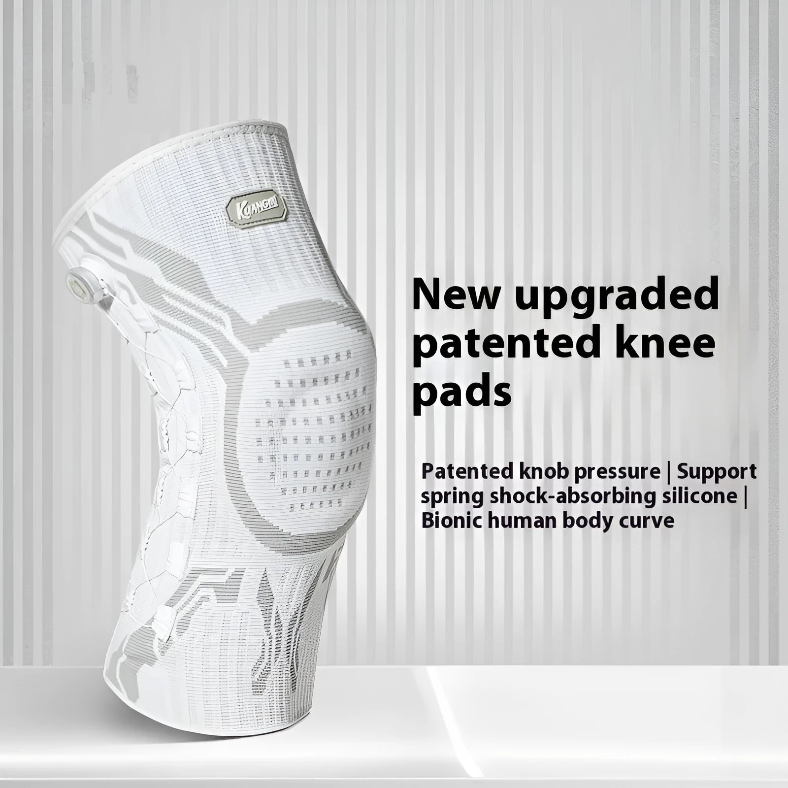 Grey and white adult sports knee pad for left or right foot, shown in sizes M, L, or XL.