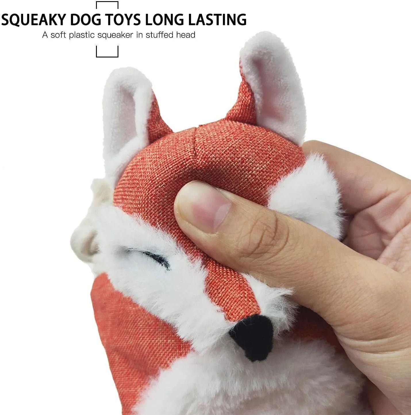 Brown fox dog toy with embroidered eyes, cotton rope arms and legs, squeaker in head
