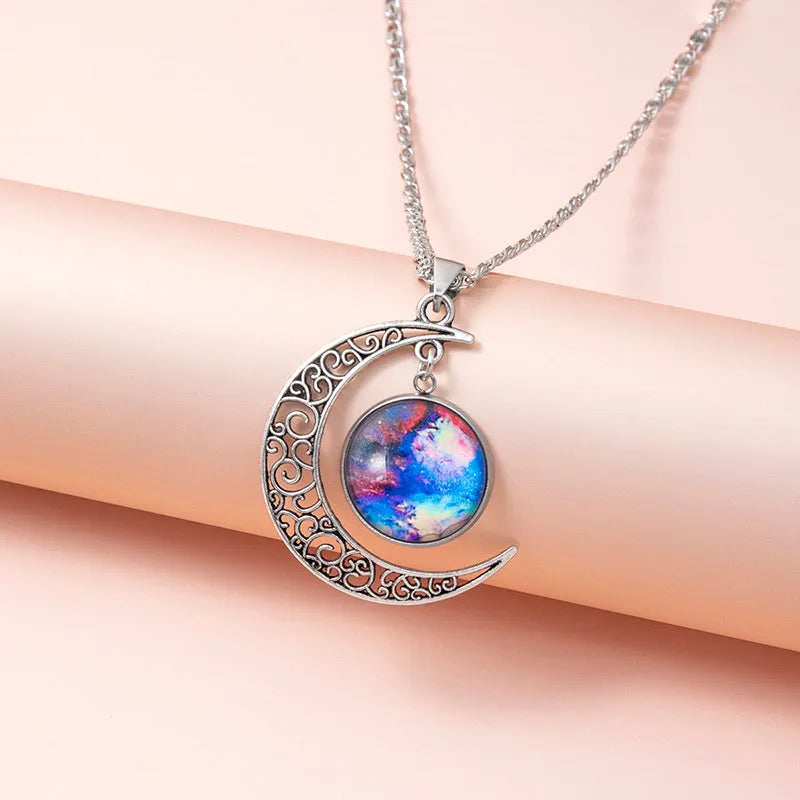 Silver hollow moon pendant necklace with glass star on Figaro chain 40cm women