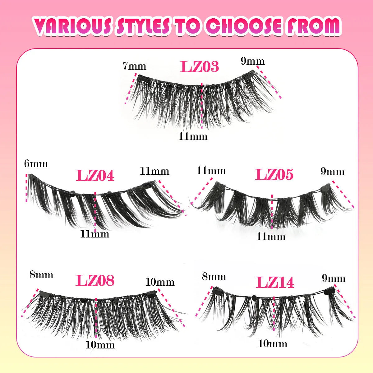 Set of five reusable waterproof false eyelashes in natural thick styles LZ03 LZ04 LZ05 LZ08 LZ14.