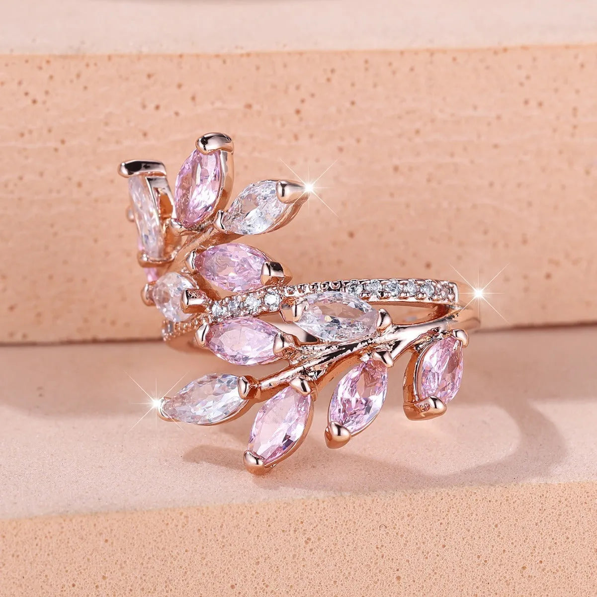 Adjustable copper leaf-shaped ring with zircon stones in multiple colour finish options