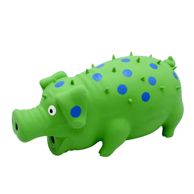 Blue pig-shaped latex dog chew toy with squeaker for aggressive chewers and teeth cleaning