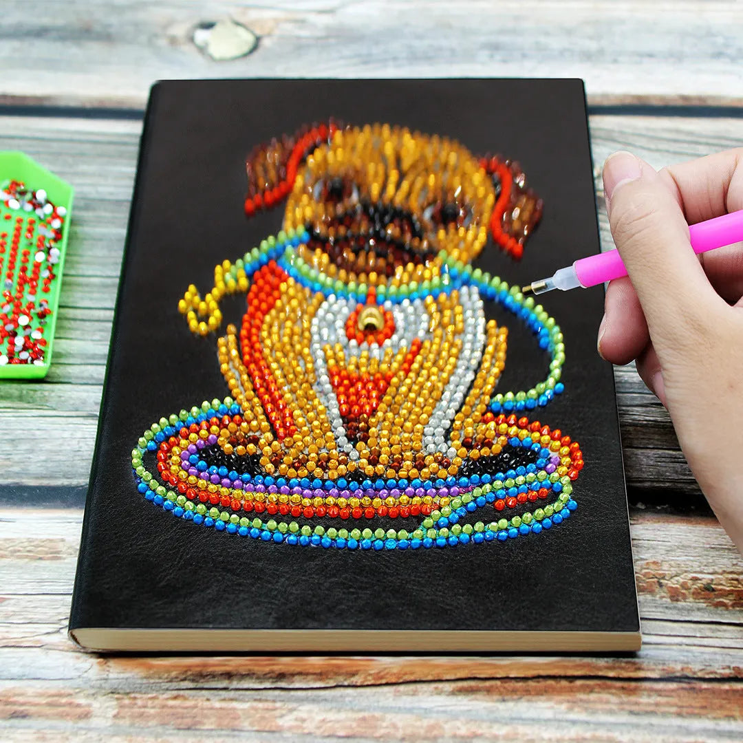 Black A5 diamond painting notebook showing dimensions and 50 blank pages for custom craft projects