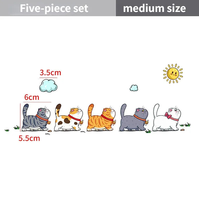 Waterproof PVC car sticker decal showing a design of five cats walking, available in three sizes.