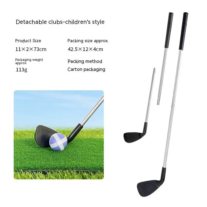Metal golf practice club shown in two colour options: adult club and children's club for outdoor sports.