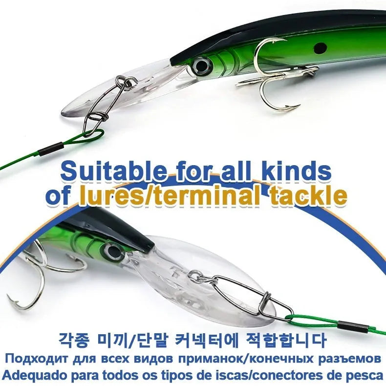 Set of 10 anti-bite steel wire fishing accessories with double buckle pins in black, green, and red colours