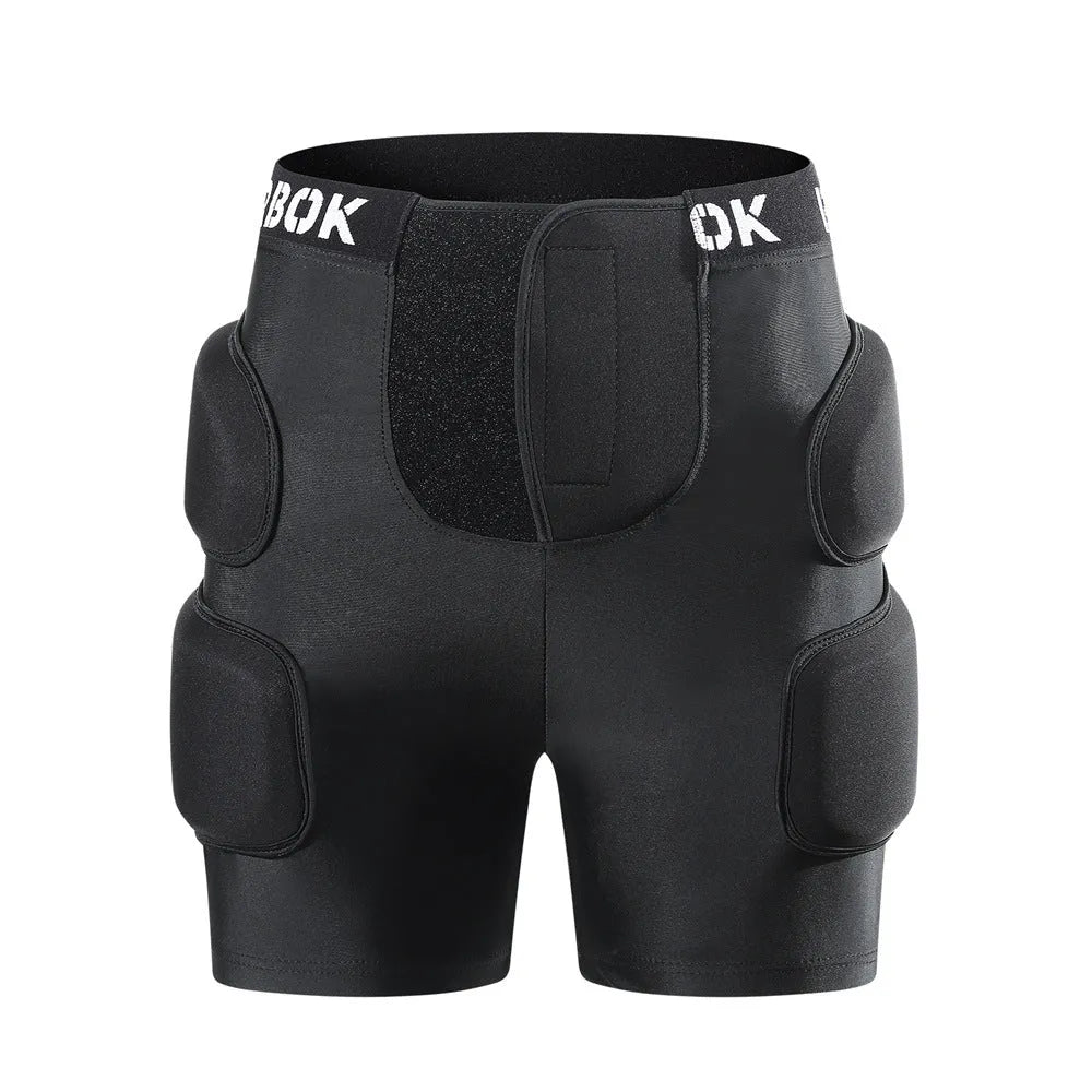 Black spandex hip protection pad pants with built-in grey NBR shock-absorbing pads for skating and skiing