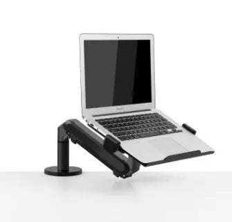 Silver aluminium laptop stand with hover design and air pressure arm bracket elevating a notebook