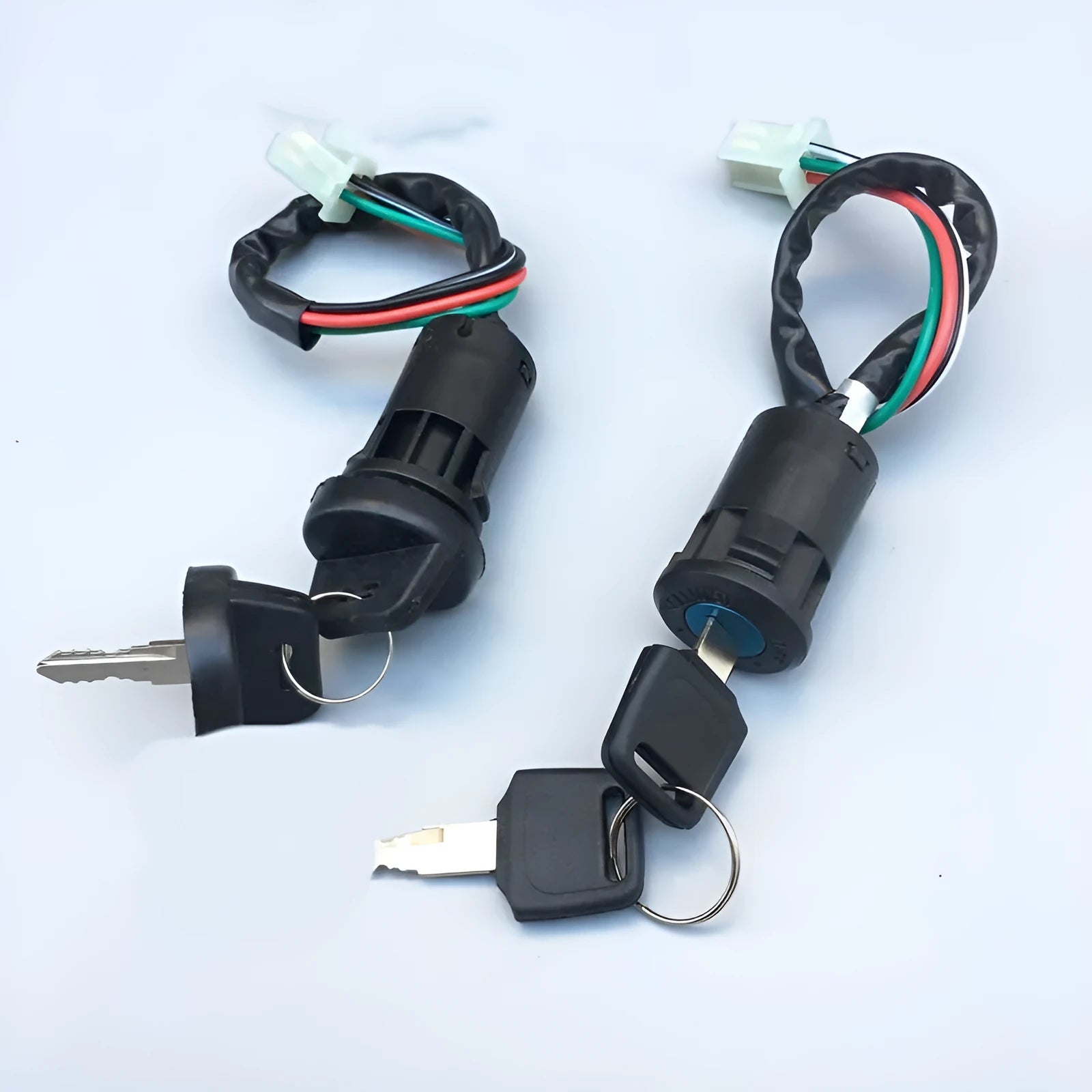 Waterproof electric door lock for car with plastic housing and wiring connectors visible